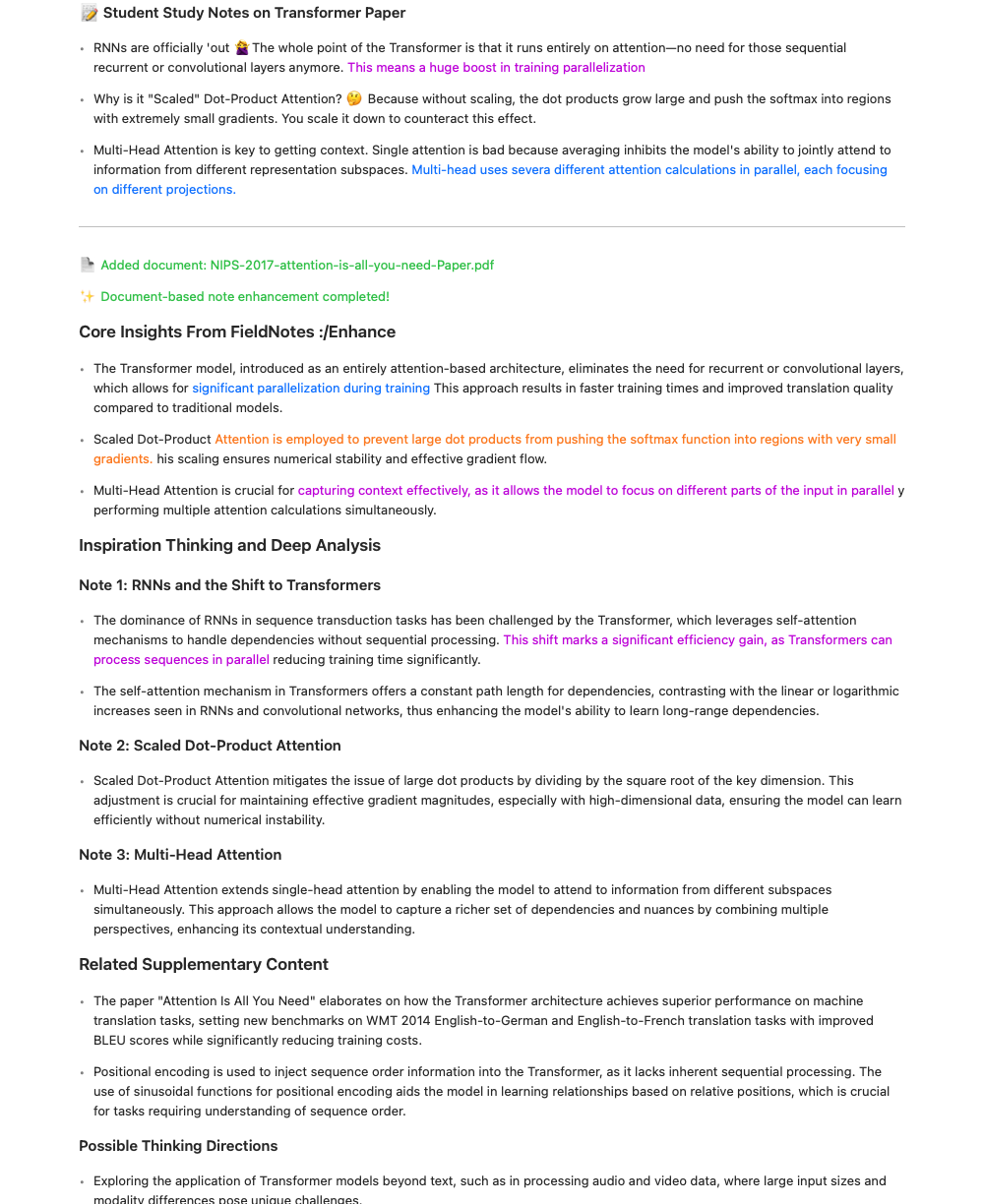 FieldNotes Enhanced Study Notes - Transformer Paper Analysis